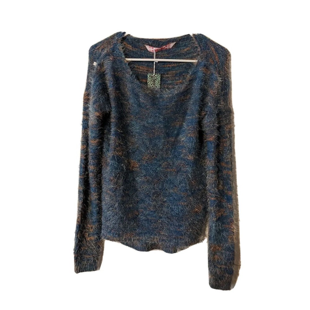 SMASH‎ Spain Sweater Womens Size L Large Faux Mohair Shaggy V neck Acrylic Blue